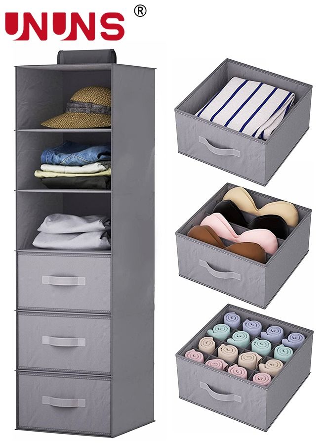 UNUNS Hanging Closet Organizer and Storage Shelves,Wardrobe Clothes Organizer Closet Shelf, Storage Organizer,5 Shelf Closet Storage with 2 Storage Drawers - Image 1