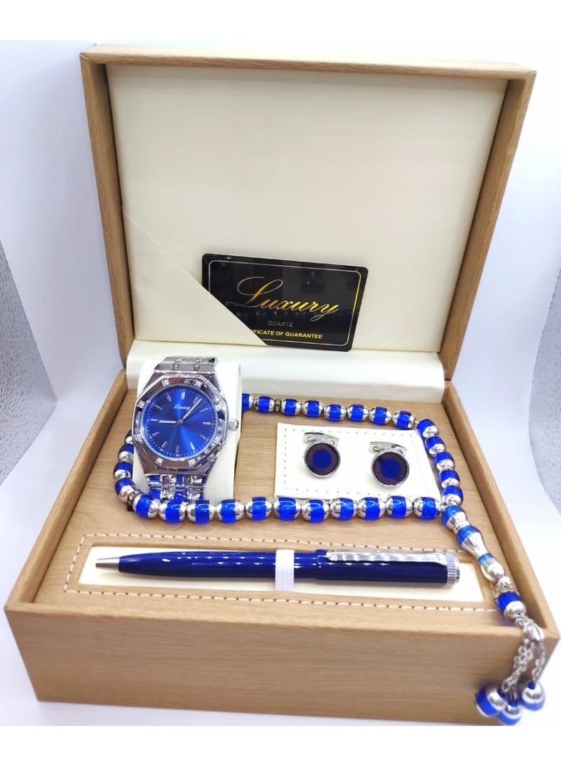 لكجر طقم هدية ساعة رجالية راقية و بجودة عالية ساعة, وقلم, وسبحة, وكبك, سوار فضي مع ميناء أزرق