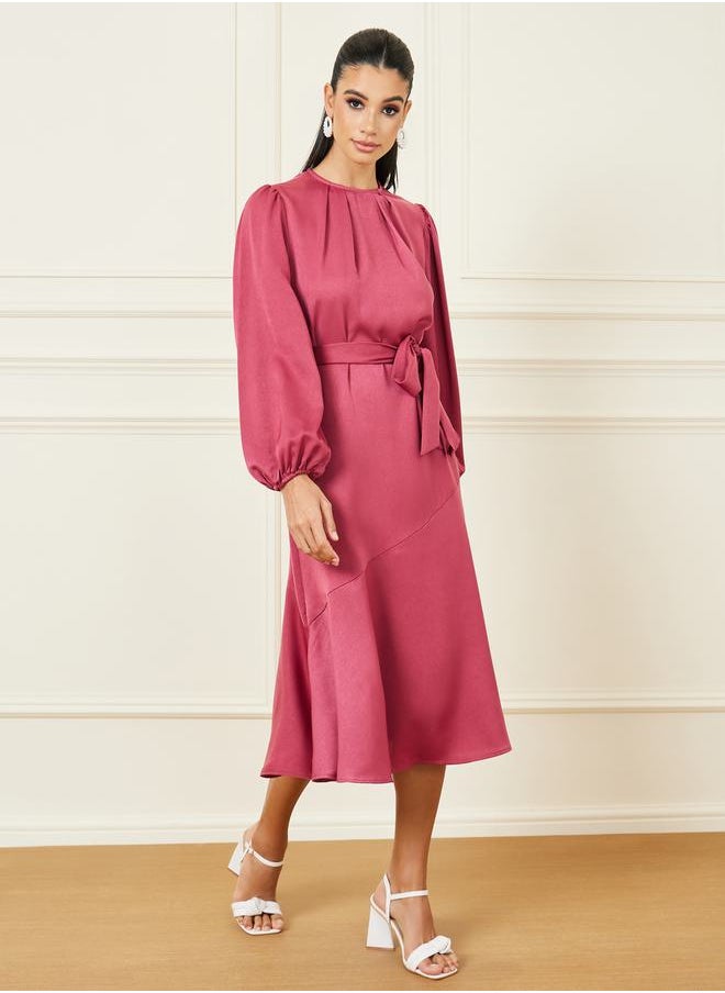 Styli - Box Pleat Detail Neck Self Tie Up A-Line Midi Dress - Image 1