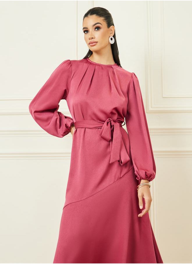 Styli - Box Pleat Detail Neck Self Tie Up A-Line Midi Dress - Image 1