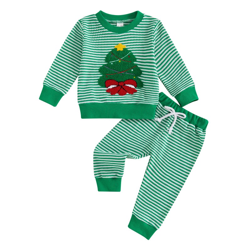 Cross-Border Kidsren''s Clothing 2025 Christmas Autum Kidsren''s Christmas Tree Embroidered Stripesd Long-Sleeved Sweatshirt and Pants Two-Piece Set - Image 1