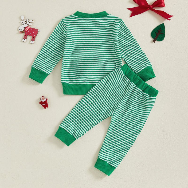 Cross-Border Kidsren''s Clothing 2025 Christmas Autum Kidsren''s Christmas Tree Embroidered Stripesd Long-Sleeved Sweatshirt and Pants Two-Piece Set - Image 3