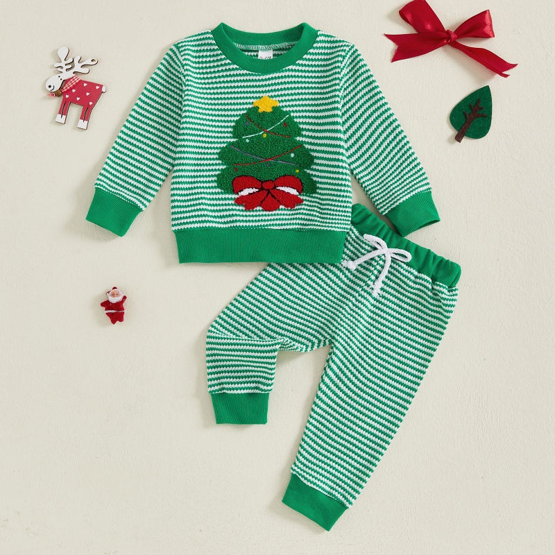 Cross-Border Kidsren''s Clothing 2025 Christmas Autum Kidsren''s Christmas Tree Embroidered Stripesd Long-Sleeved Sweatshirt and Pants Two-Piece Set - Image 2