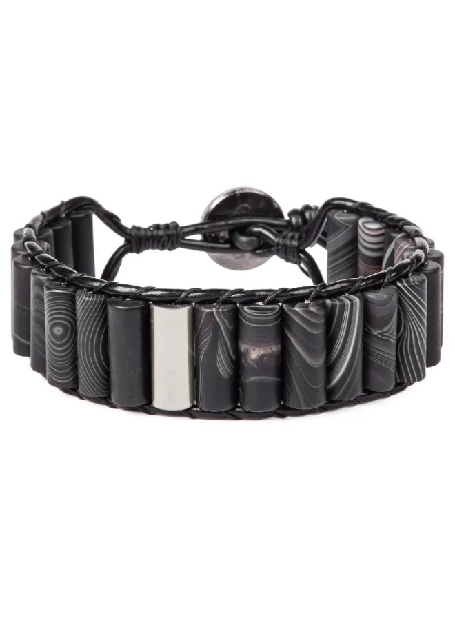 Minza Minza Matte Spartan Pure 925 Sterling Silver, Agate Stone & Leather Beaded Bracelet, 1.500 grams of Silver, Handmade Bracelet for Men,  Jewelry for Casual & Special Occasion.