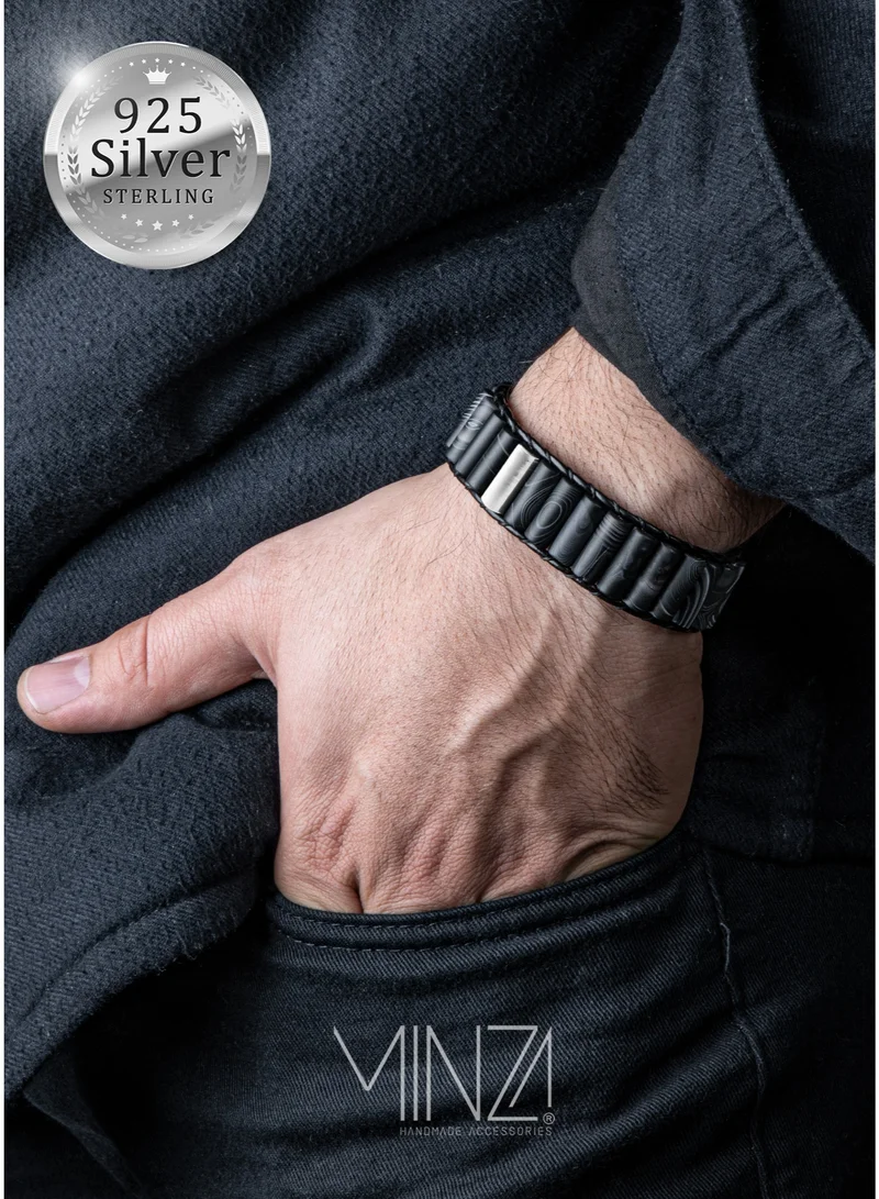 Minza Minza Matte Spartan Pure 925 Sterling Silver, Agate Stone & Leather Beaded Bracelet, 1.500 grams of Silver, Handmade Bracelet for Men,  Jewelry for Casual & Special Occasion.