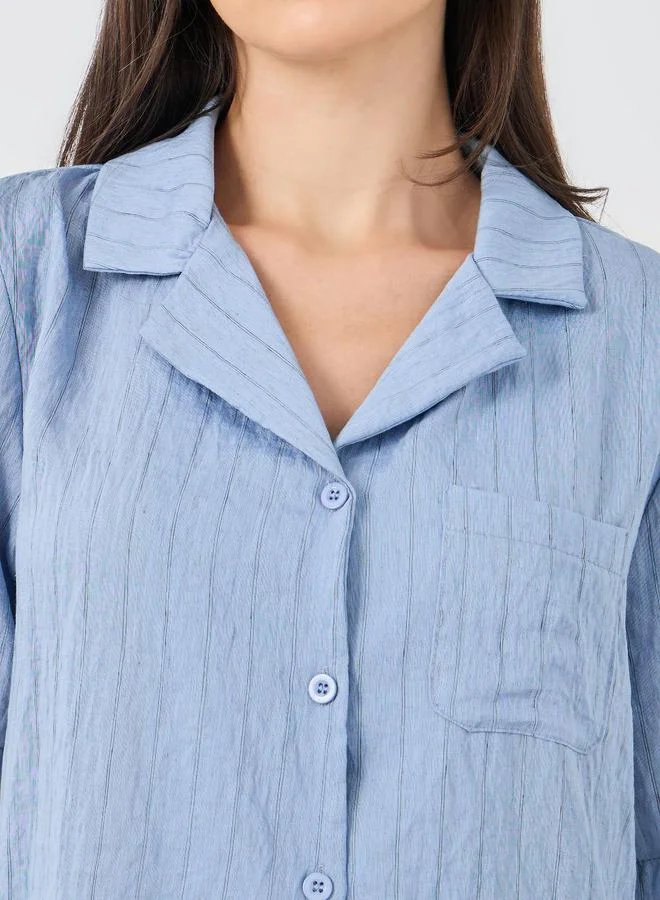 Styli Styli Textured Striped Buttoned Shirt and Pyjama Set