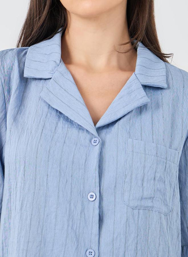 Styli Textured Striped Buttoned Shirt and Pyjama Set - Image 3