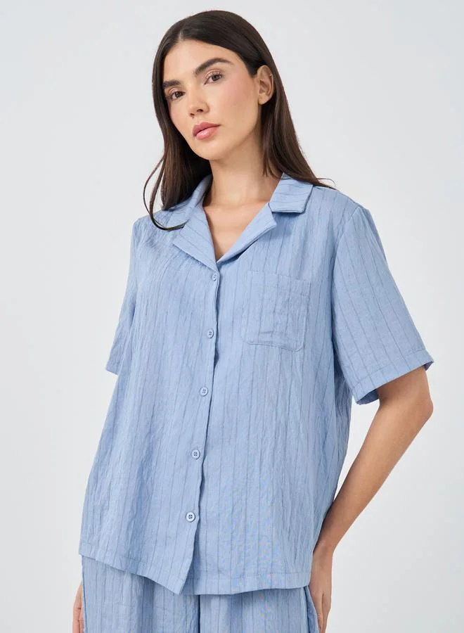 ستايلي Styli Textured Striped Buttoned Shirt and Pyjama Set