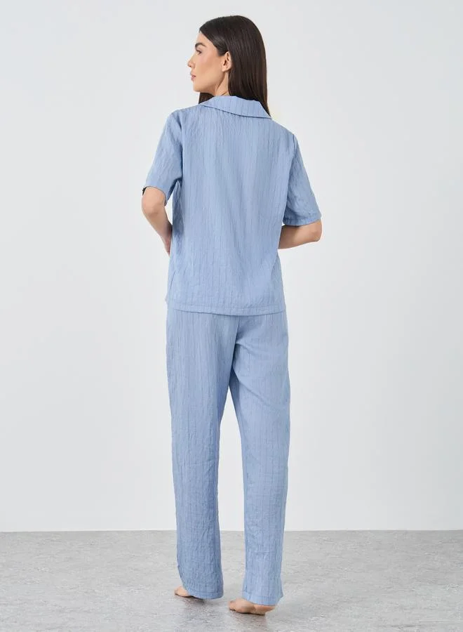 Styli Styli Textured Striped Buttoned Shirt and Pyjama Set