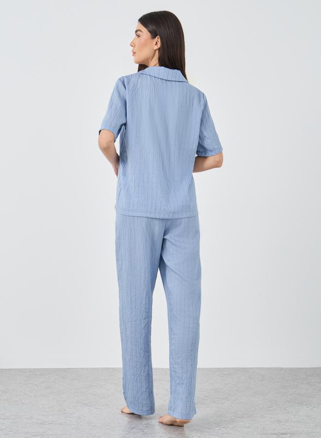 Styli Textured Striped Buttoned Shirt and Pyjama Set - Image 5