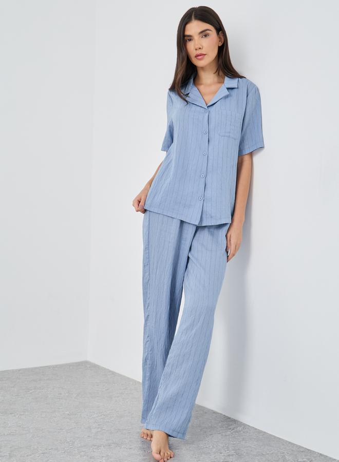 Styli Textured Striped Buttoned Shirt and Pyjama Set - Image 1