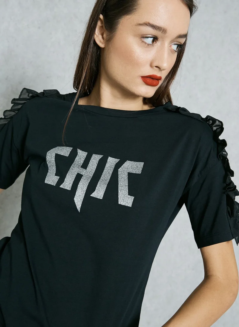 Ginger Glitter Slogan Ruffle Shoulder T-Shirt
