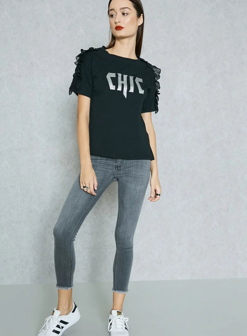 Ginger Glitter Slogan Ruffle Shoulder T-Shirt