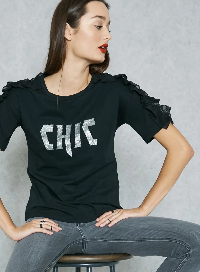 Ginger Glitter Slogan Ruffle Shoulder T-Shirt