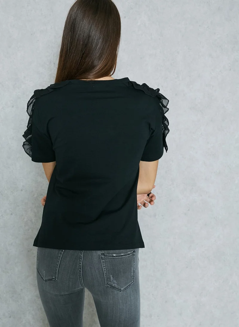 Ginger Glitter Slogan Ruffle Shoulder T-Shirt