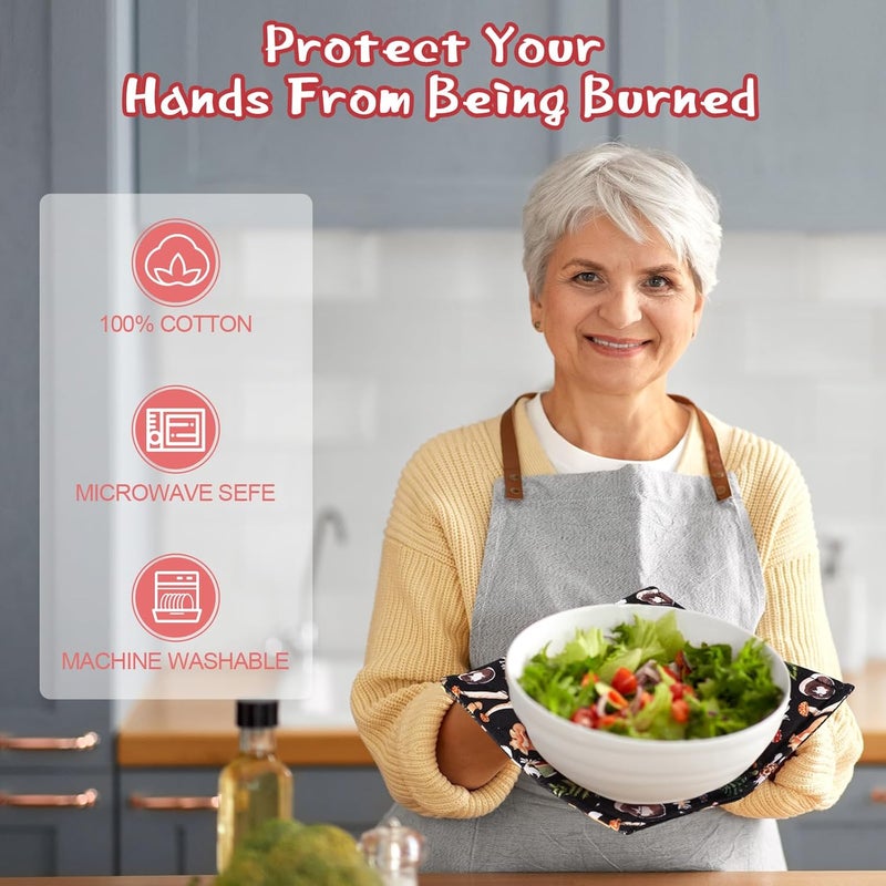 كونهيل كون هيل حاملات أوعية قطنية للميكروويف، وسادات ساخنة للأوعية، حاملات أوعية مقاومة للحرارة، حاملات متعددة الاستخدامات، غطاء مبطن للأوعية لوعاء الحساء، وسادات ساخنة، مستلزمات المطبخ (أسود، نمط الفطر) - Image 5