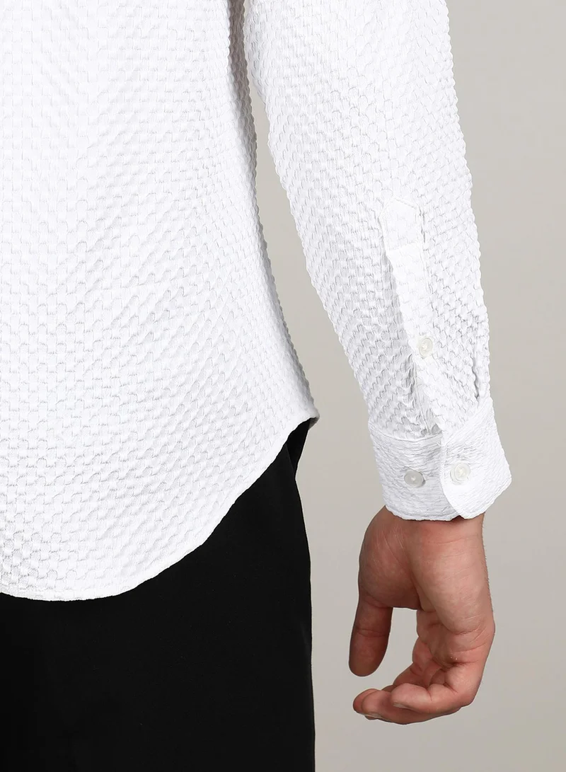 Campus Sutra Campus Sutra Men's Chalk White Embossed Micro Check Shirt For Casual Wear | Spread Collar | Long Sleeve | Button Closure | Shirt Crafted With Comfort Fit For Everyday Wear