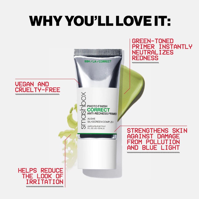 Smashbox Photo Finish Correct Anti-Redness Makeup Primer | Neutralizes Redness and Appearance of Irritation | Silkscreen Complex, Algae, Rose + Mushroom, 1 Fl Oz - Image 4