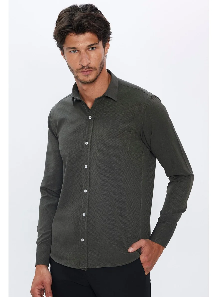 تودورس Men's Classic Fit Regular Cut Cotton Single Pocket Dobby Khaki Shirt