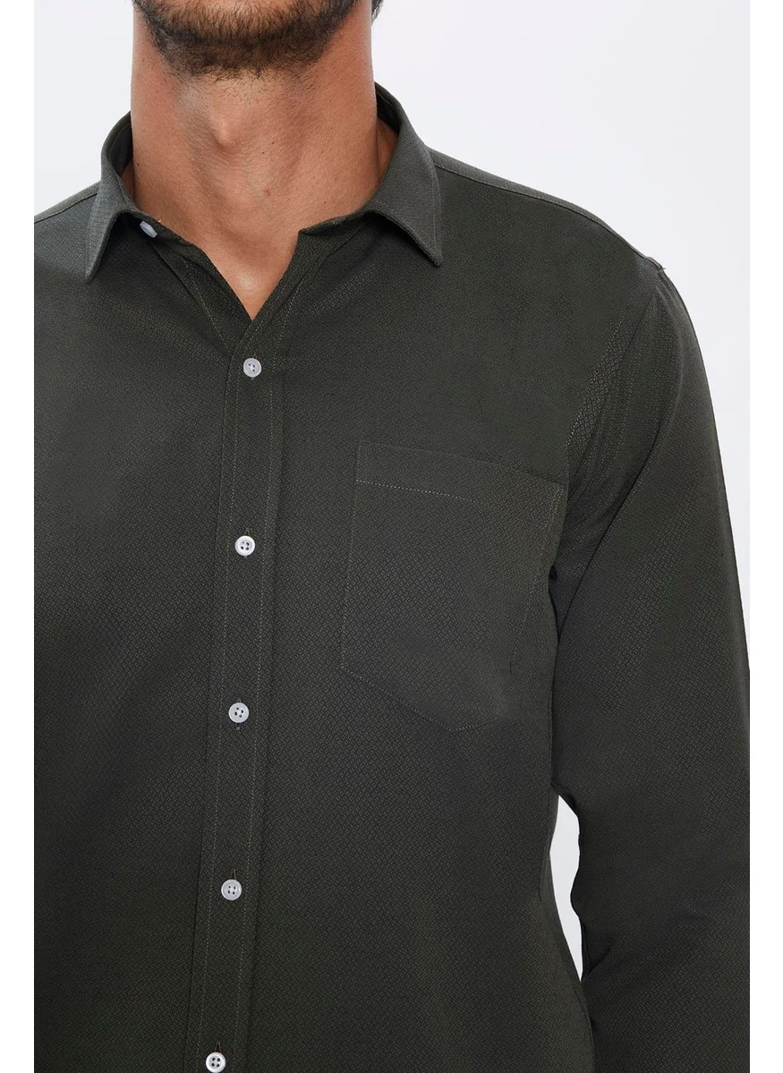 تودورس Men's Classic Fit Regular Cut Cotton Single Pocket Dobby Khaki Shirt