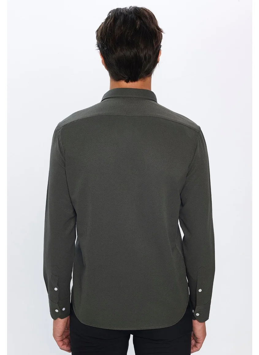 تودورس Men's Classic Fit Regular Cut Cotton Single Pocket Dobby Khaki Shirt