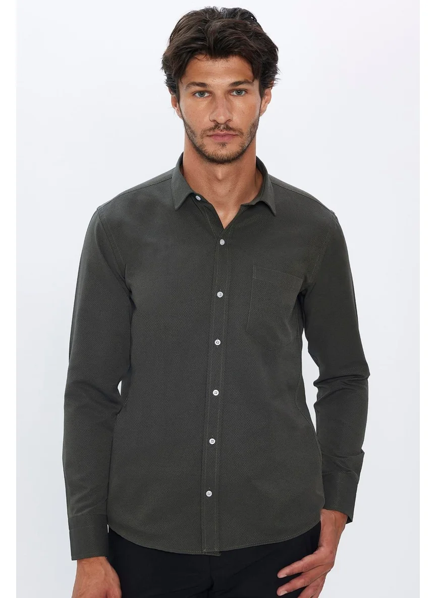 تودورس Men's Classic Fit Regular Cut Cotton Single Pocket Dobby Khaki Shirt