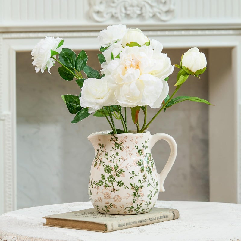 Vintage White and Green Floral Ceramic Vase with Handle Retro Ice Glazed Crack Farmhouse Pitcher Vase for Home Decor Living Room Shelf Office Rustic Table Centerpiece 6 Inch