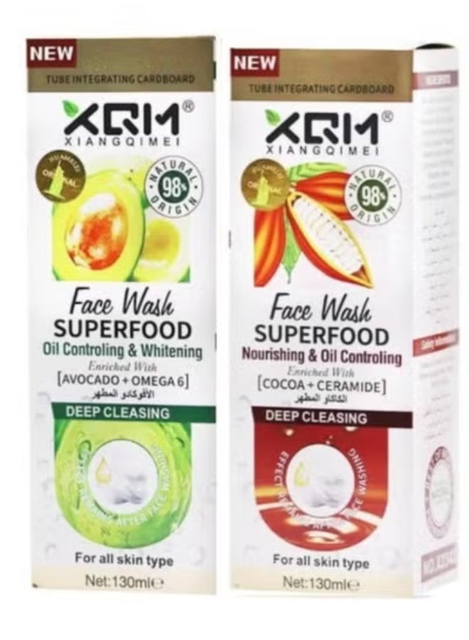XQM Oil Control Whitening Facial Wash Enriched with Avocado & Omega 6 - 130 ml Plus XQM Superfood Nourishing & Oil Controling With Cocoa And Ceramide Face Wash 130 ml - Image 1