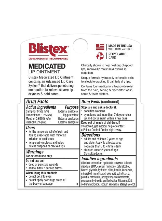 Blistex Medicated Lip Ointment, 0.21 Ounce Tube, Relieves Cold Sores & Helps Heal Dry Chapped Lips, Pain Relief from Lip Sores & Blisters, Healing Ointment, 3 Count(1 Pack) - Image 2
