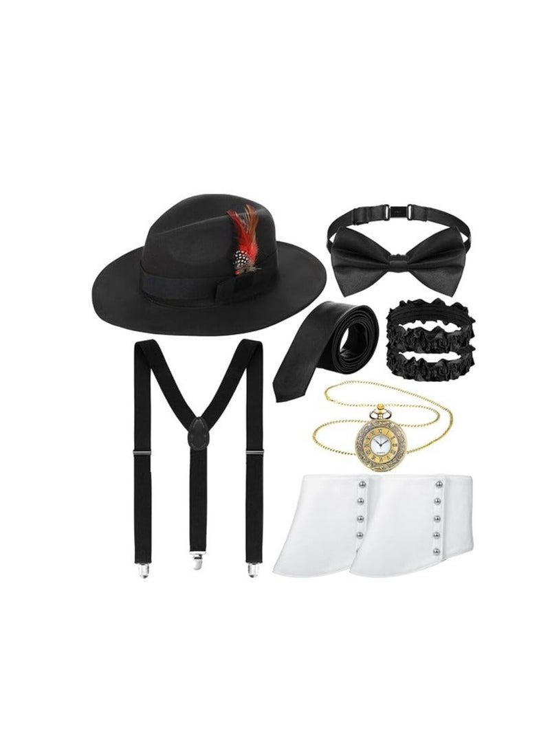 Men's Roaring 1920s Set, Black Hat Y Back Costume Braces Arm Bands Men Bow Tie and Suspender Sets Pocket Watch Spats - Image 1