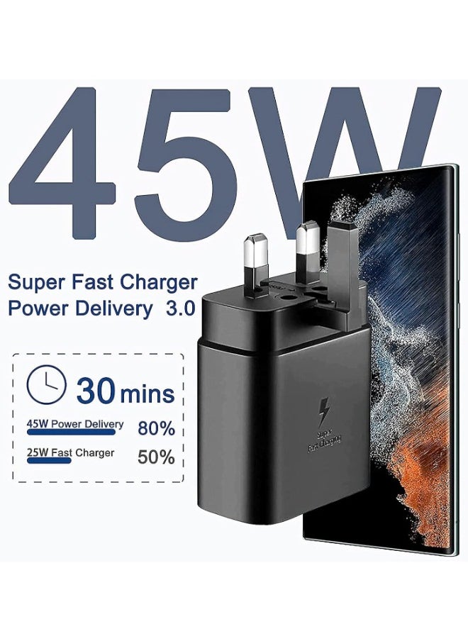 Generic - Fast Charger 45W Type C, Ultra Fast Charger with 1m USB-C Cable, Android for Samsung Galaxy S23 Ultra/S23/S23+/S22/S22 Ultra/S22+/Note 10/20/S20/S21/Tab S7/S8 , black - Image 1