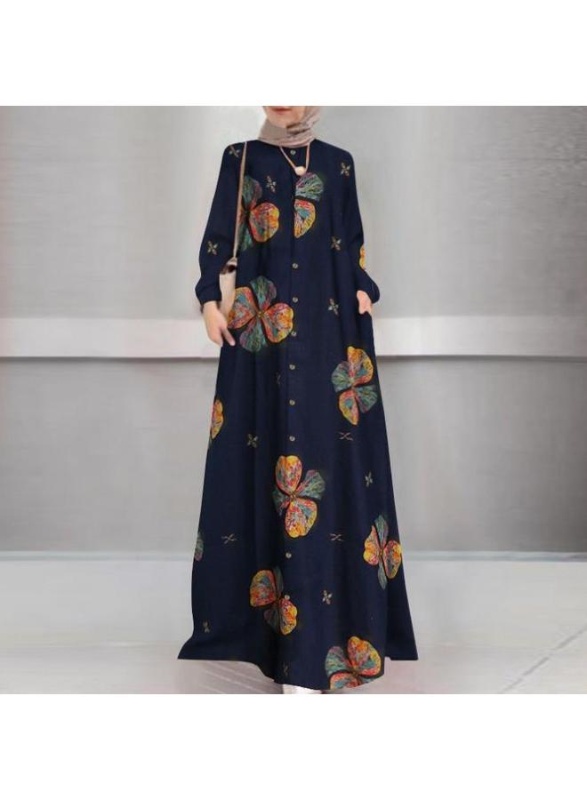 202 New Cotton And Linen Print Long Shirt Muslim Large Size Women's Loose Casual Retro Long Sleeve Dress