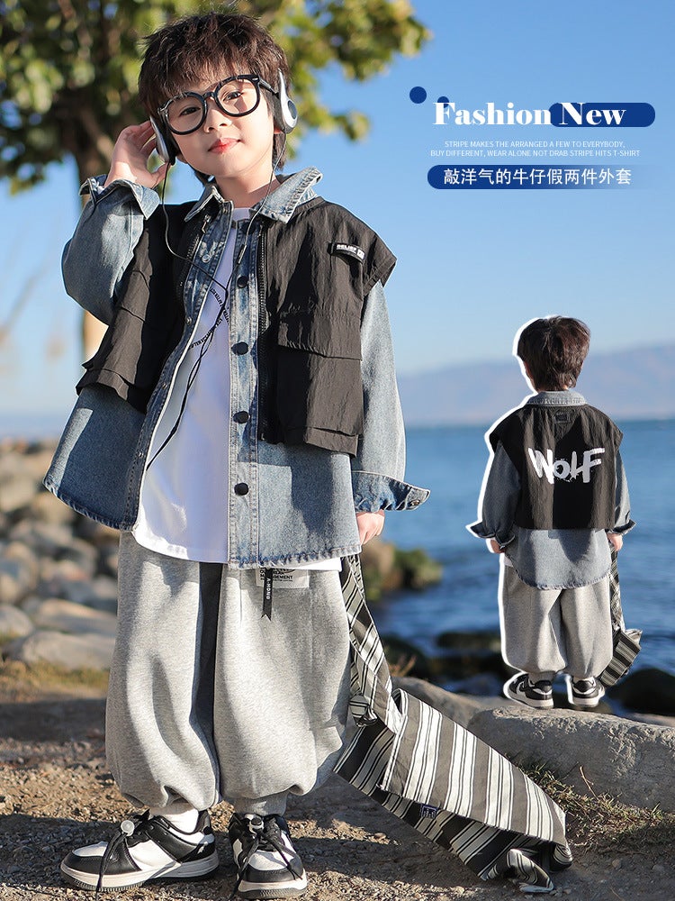Fairy Tale Memory Boys' Jacket Spring Children'S Style Fake Two-Piece Denim Top Spring Clothes - Image 3