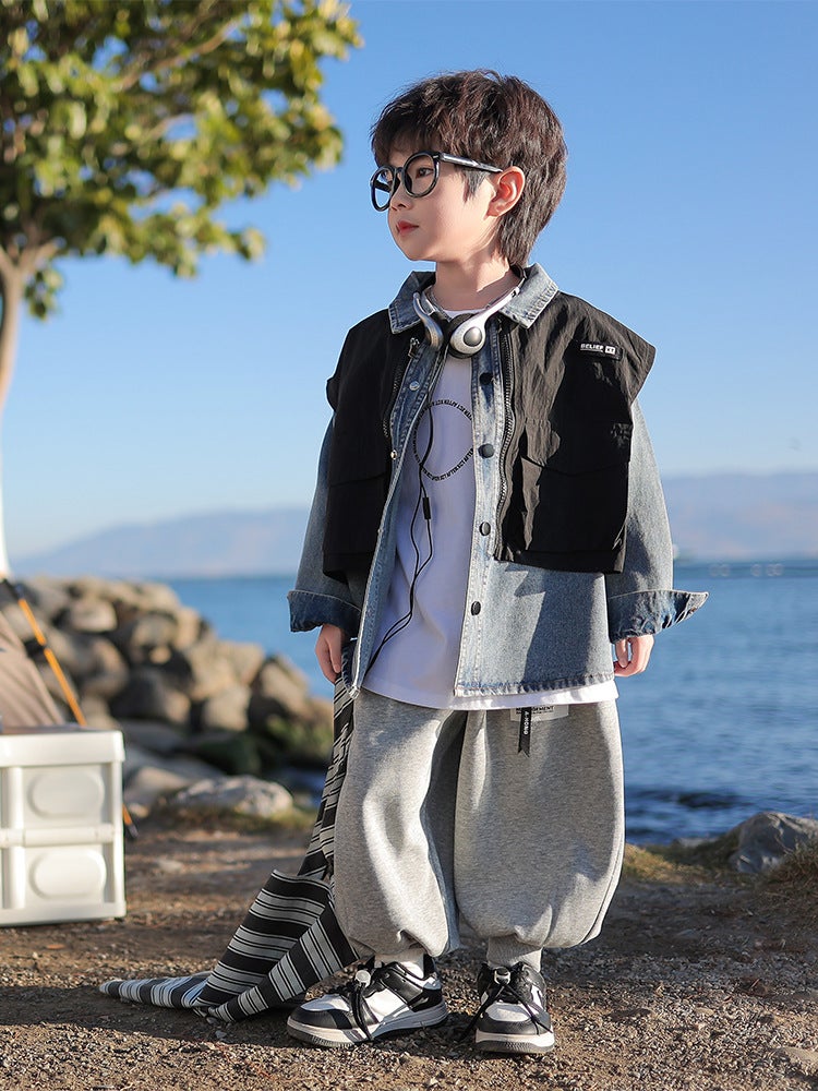 Fairy Tale Memory Boys' Jacket Spring Children'S Style Fake Two-Piece Denim Top Spring Clothes - Image 2