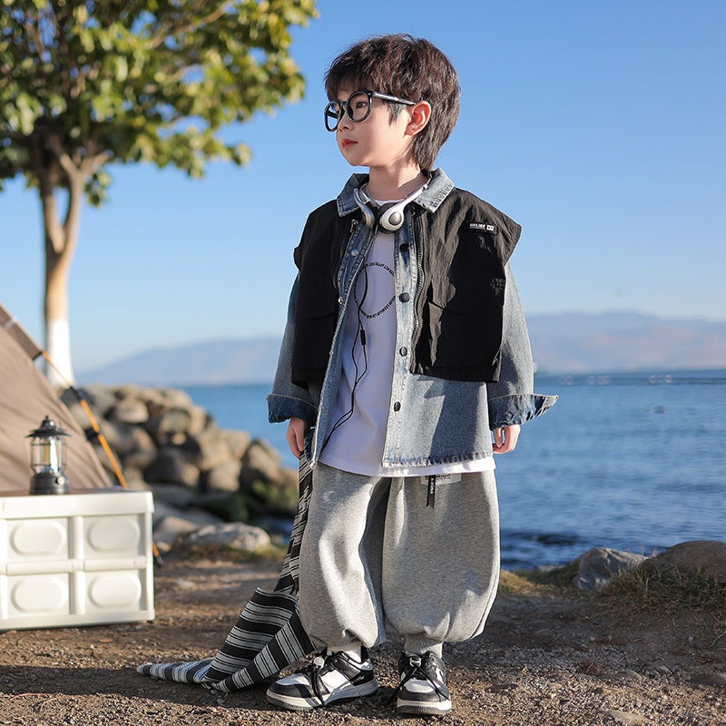 Fairy Tale Memory Boys' Jacket Spring Children'S Style Fake Two-Piece Denim Top Spring Clothes - Image 1