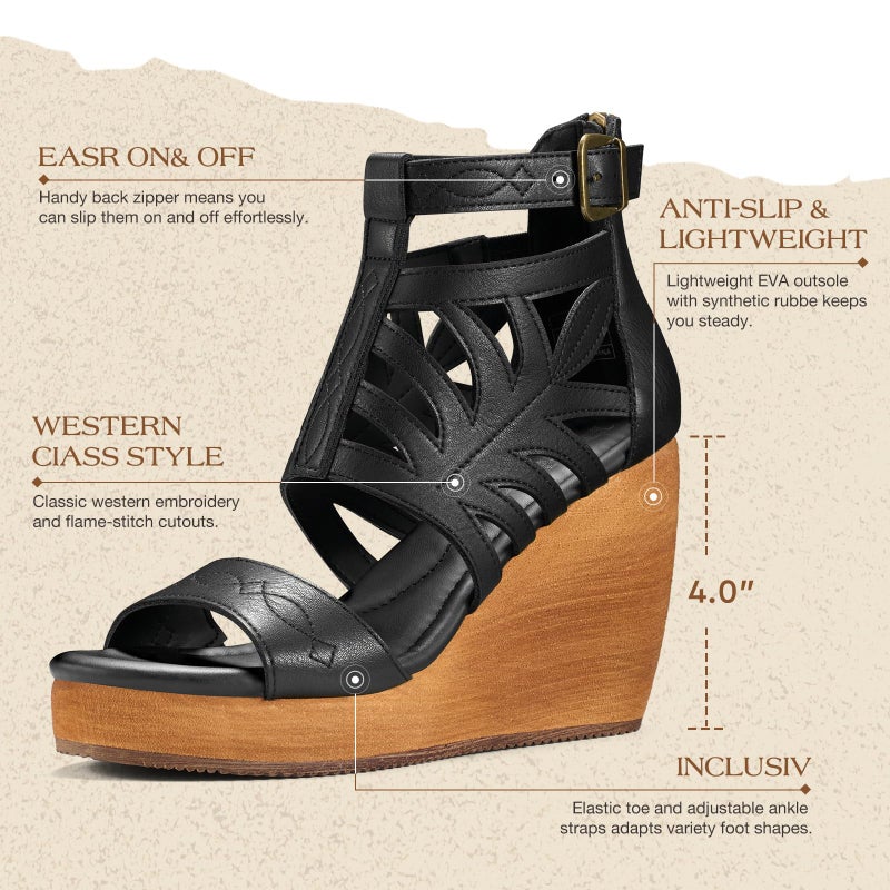 Rollda Women's Wedge Sandals, Platform Sandals High Heels for Women, Fashion Dressy Casual Sandals, Comfortable Open Toe Black Summer Shoes with Back Zipper Design, Adjustable Ankle Strap, Size 8 - Image 4