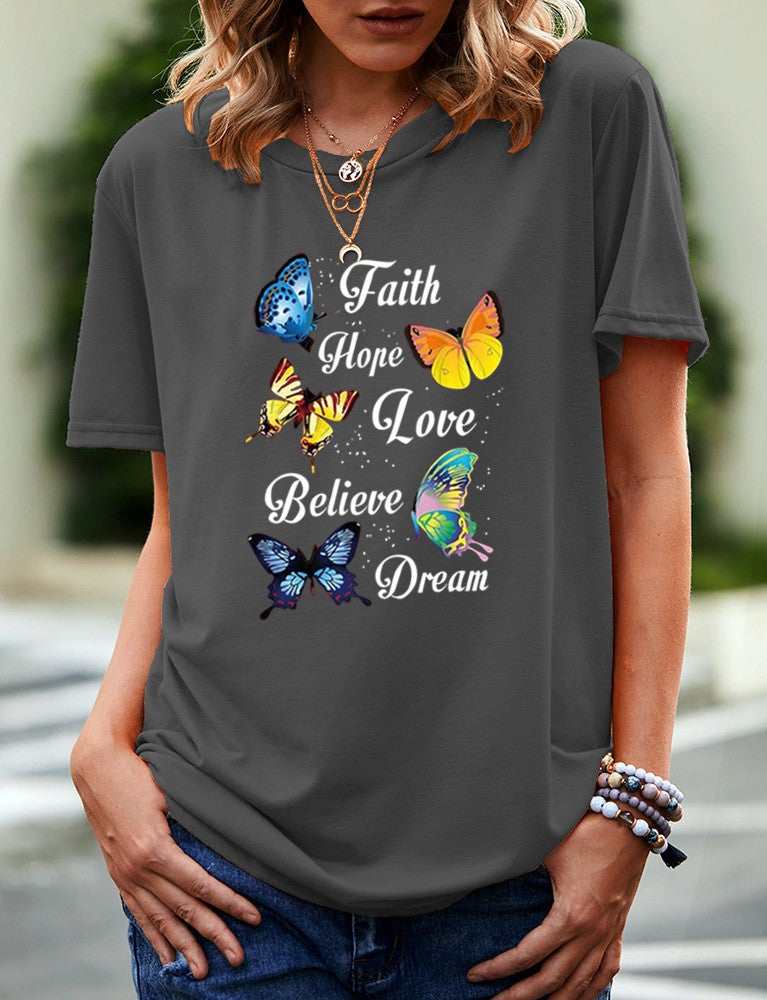 wish independent station butterfly pattern printed short sleeve t-shirt for women - Image 1
