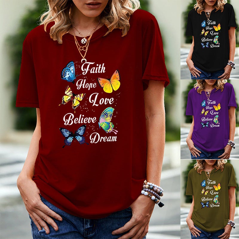 wish independent station butterfly pattern printed short sleeve t-shirt for women - Image 2