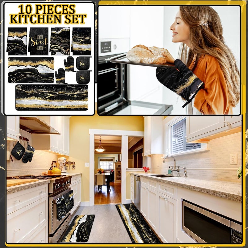 Fourluoo 10 Pcs Christmas Marble Farmhouse Kitchen Decor Accessories Set Marble Kitchen Dish Towels Rugs Oven Mitts and Pot Holders Sets for Cooking Baking Daughter Mom Gift(Black) - Image 2