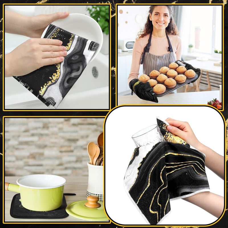 Fourluoo 10 Pcs Christmas Marble Farmhouse Kitchen Decor Accessories Set Marble Kitchen Dish Towels Rugs Oven Mitts and Pot Holders Sets for Cooking Baking Daughter Mom Gift(Black) - Image 4