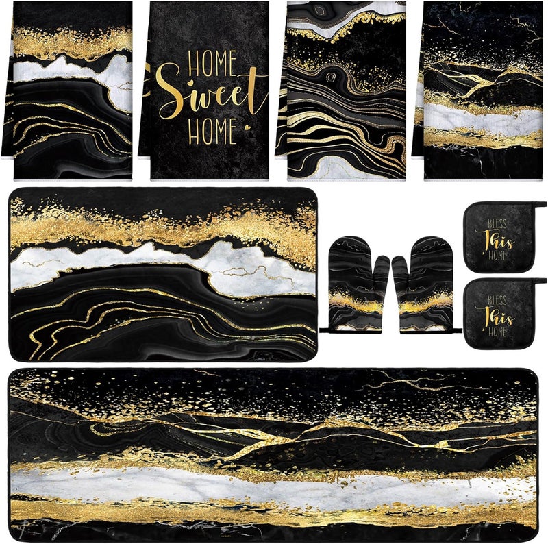Fourluoo 10 Pcs Christmas Marble Farmhouse Kitchen Decor Accessories Set Marble Kitchen Dish Towels Rugs Oven Mitts and Pot Holders Sets for Cooking Baking Daughter Mom Gift(Black) - Image 1