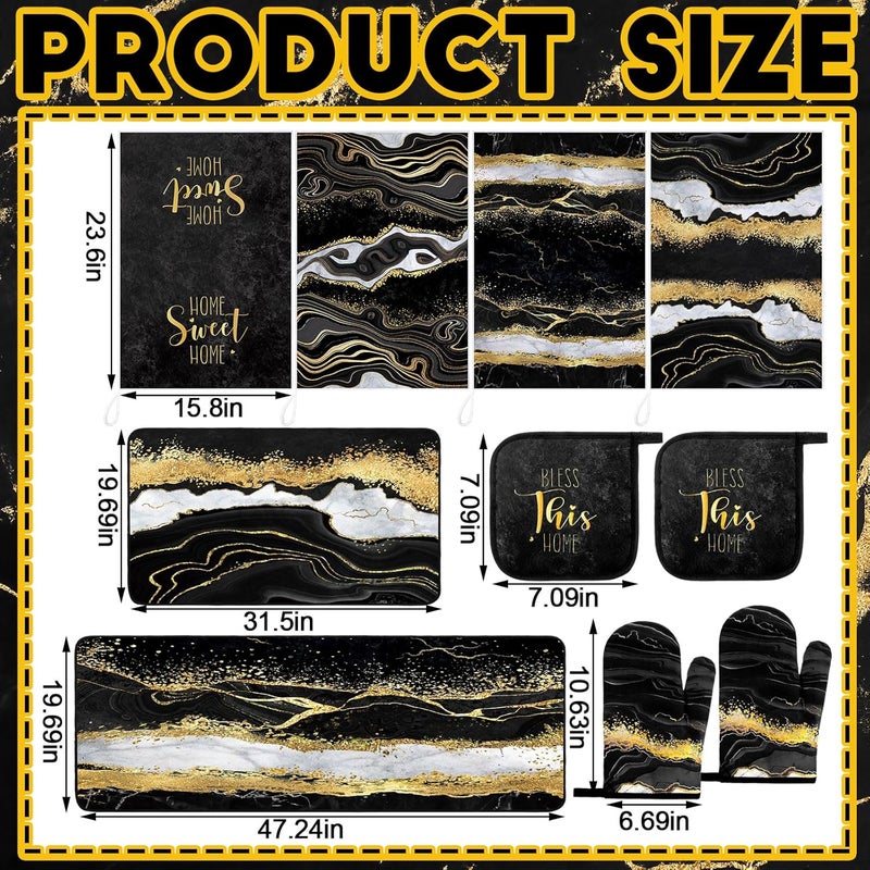 Fourluoo 10 Pcs Christmas Marble Farmhouse Kitchen Decor Accessories Set Marble Kitchen Dish Towels Rugs Oven Mitts and Pot Holders Sets for Cooking Baking Daughter Mom Gift(Black) - Image 3
