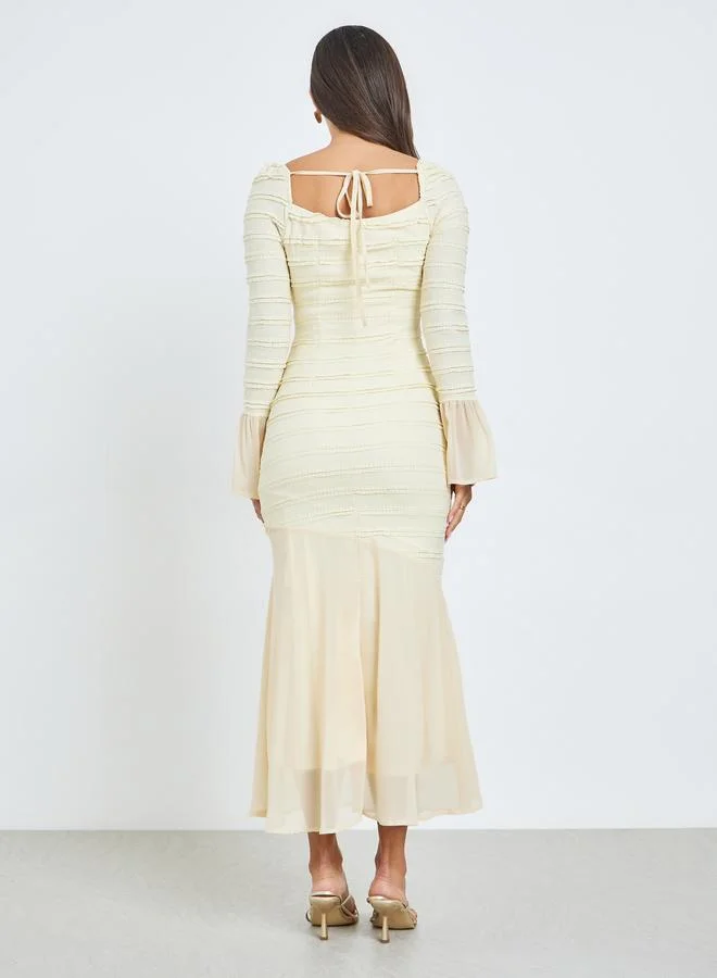 Styli  Cream Textured Sweetheart Neck Midi Dress for Women | Best Price UAE