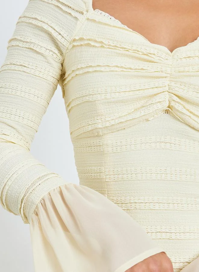 Styli  Cream Textured Sweetheart Neck Midi Dress for Women | Best Price UAE