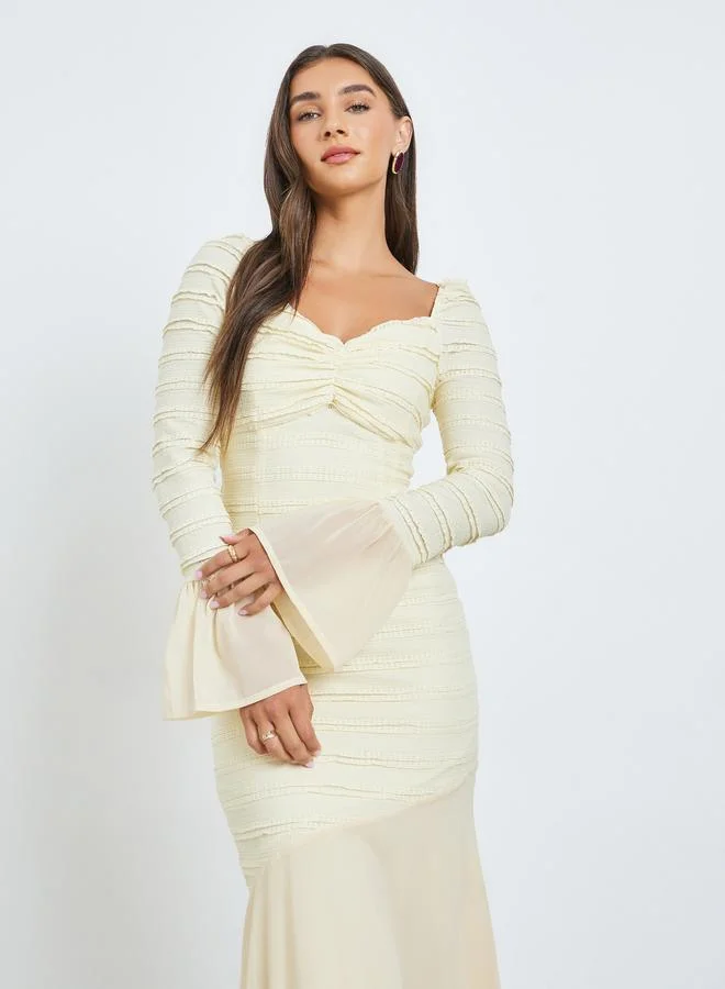 Styli  Cream Textured Sweetheart Neck Midi Dress for Women | Best Price UAE