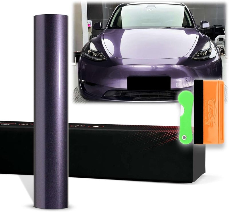 EZAUTO WRAP 12"x60" (قدم واحد × 5 أقدام) فيلم تغليف سيارات ذاتي اللصق من الفينيل فائق اللمعان المعدني باللون البنفسجي الأوبي PET، تقنية إزالة الهواء الخالية من الفقاعات مع مجموعة الأدوات - Image 1