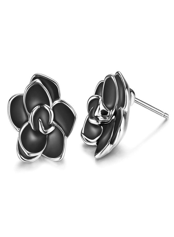 AllenCOCO 18K Gold Plated Black Rose Flower Stud Earrings for Women (W) - Image 1