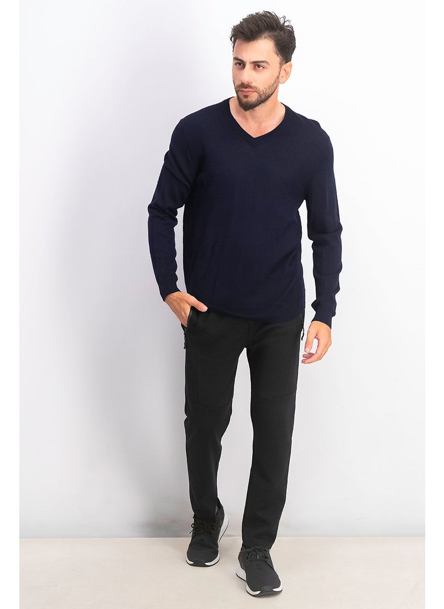 Club Room - Men Solid V-neck Merino Wool Blend Sweater, Navy - Image 1
