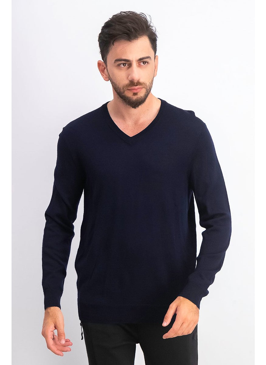 Club Room - Men Solid V-neck Merino Wool Blend Sweater, Navy - Image 1