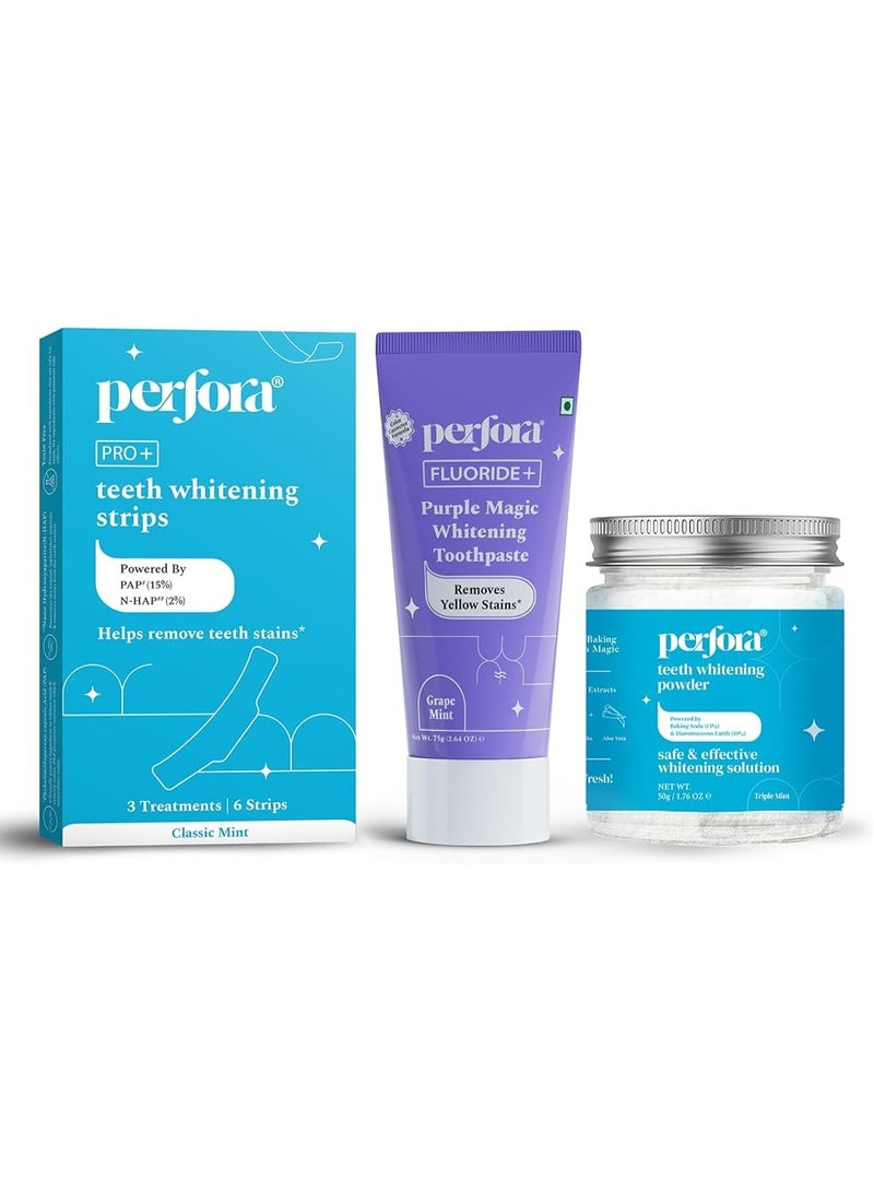 Perfora Teeth Whitening Powder 50g, Whitening Strips Pack of 3 & Purple Toothpaste 75g | Complete Whitening Routine | Enamel-Safe, Stain Removal, Fast & Effective Bright Smile Oral Care Kit - Image 4
